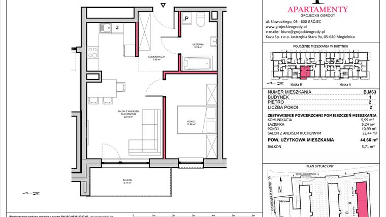 Rzut - Mieszkanie na sprzedaż 2 pokoje o powierzchni 44,66 m² - numer B.63 w Apartamenty Grójeckie Ogrody