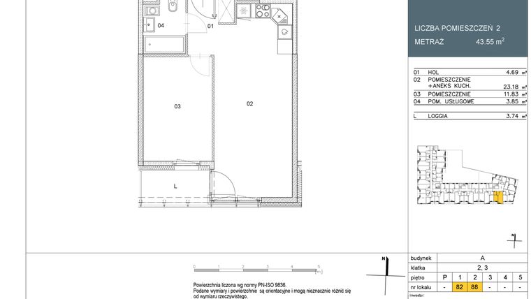 Rzut - Mieszkanie na sprzedaż 2 pokoje o powierzchni 43,55 m² - numer L82 w Morwowa 5 - Apartamenty inwestycyjne