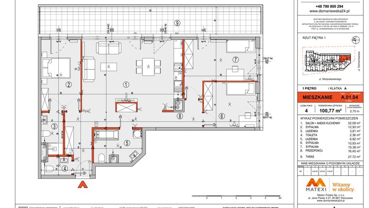 Rzut - Mieszkanie na sprzedaż 4 pokoje o powierzchni 100,52 m² - numer A.01.04 w Domaniewska 24