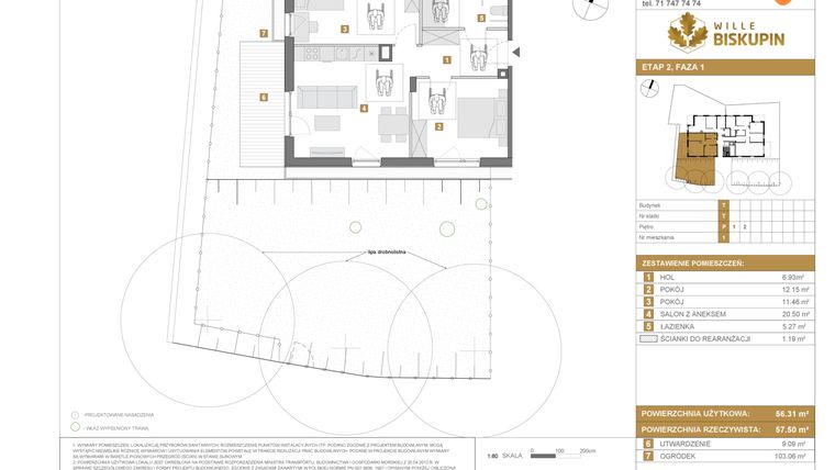 Rzut - Mieszkanie na sprzedaż 3 pokoje o powierzchni 56,31 m² - numer T1 w Wille Biskupin Etap 2.1