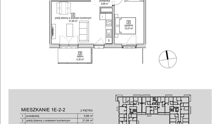 Rzut - Mieszkanie na sprzedaż 2 pokoje o powierzchni 46,95 m² - numer 1E-2-2 w Naramowice Odnova