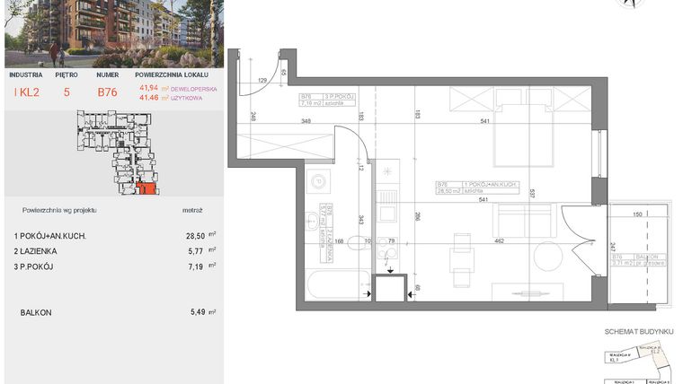 Rzut - Mieszkanie na sprzedaż 1 pokój o powierzchni 41,46 m² - numer I-B76 w Industria etap I-B