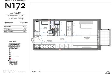 Rzut - Mieszkanie na sprzedaż 1 pokój o powierzchni 29,26 m² - numer A5.04 w Naramowicka 172