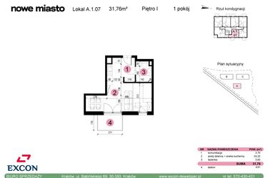 Rzut - Mieszkanie na sprzedaż 1 pokój o powierzchni 31,76 m² - numer A-1-07 w Nowe Miasto