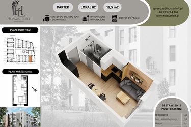 Rzut - Mieszkanie na sprzedaż 1 pokój o powierzchni 19,5 m² - numer 2 w Hussar Loft - Apartamenty inwestycyjne