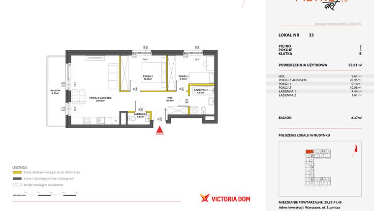 Rzut - Mieszkanie na sprzedaż 3 pokoje o powierzchni 55,89 m² - numer 33 w Metro Art 10