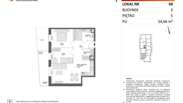 Rzut - Mieszkanie na sprzedaż 3 pokoje o powierzchni 54,66 m² - numer E.68 w Osiedle Synteza etap IV