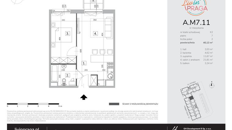 Rzut - Mieszkanie na sprzedaż 2 pokoje o powierzchni 40,13 m² - numer A.M7.11 w Livin' Praga