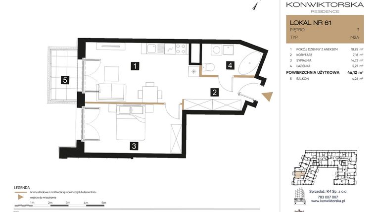 Rzut - Mieszkanie na sprzedaż 2 pokoje o powierzchni 46,12 m² - numer 61 w Konwiktorska Residence