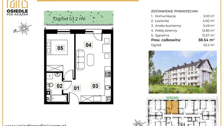 Rzut - Mieszkanie na sprzedaż 2 pokoje o powierzchni 38,54 m² - numer M04 w Osiedle Pod Książem