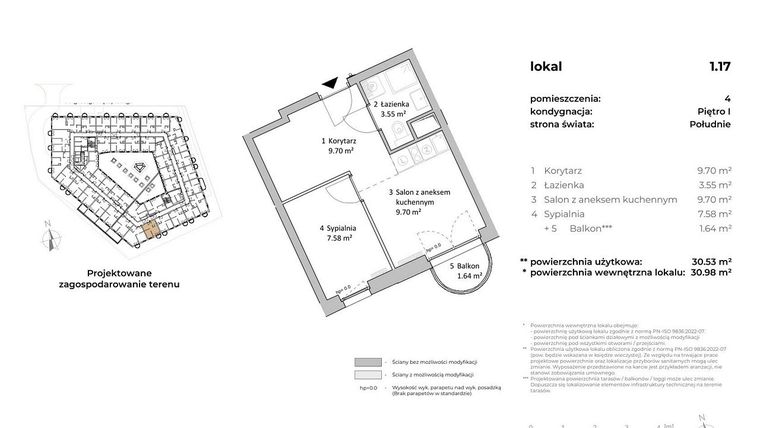 Rzut - Mieszkanie na sprzedaż 1 pokój o powierzchni 30,66 m² - numer 1.17 w OVAL SKY