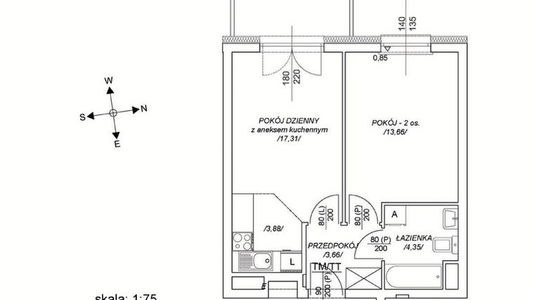 Rzut - Mieszkanie na sprzedaż 2 pokoje o powierzchni 38,98 m² - numer M48 w Osiedle Mała Dziesiąta etap II