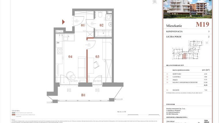 Rzut - Mieszkanie na sprzedaż 2 pokoje o powierzchni 31,51 m² - numer M19 w Warszawskie Wzgórze