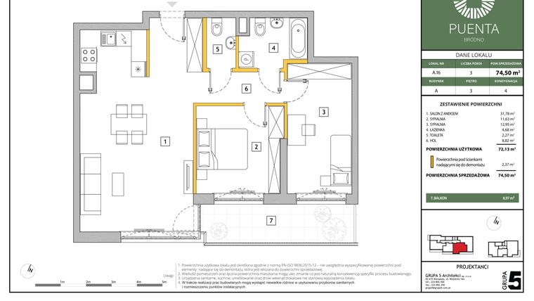 Rzut - Mieszkanie na sprzedaż 3 pokoje o powierzchni 74,5 m² - numer A.16 w Puenta