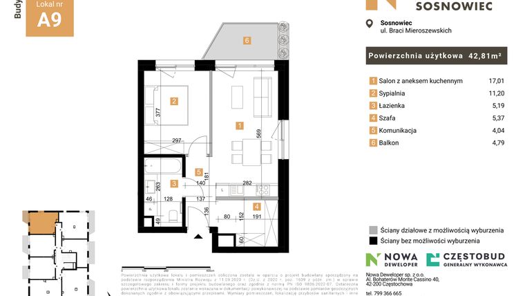 Rzut - Mieszkanie na sprzedaż 2 pokoje o powierzchni 42,81 m² - numer 9 w Nowy Sosnowiec