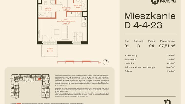 Rzut - Mieszkanie na sprzedaż 1 pokój o powierzchni 27,51 m² - numer D4-4-23 w Osiedle Meiera