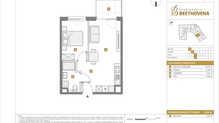 Rzut - Mieszkanie na sprzedaż 2 pokoje o powierzchni 36,66 m² - numer D27 w Apartamenty Beethovena etap 2