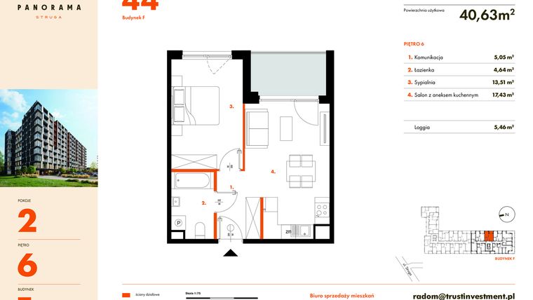 Rzut - Mieszkanie na sprzedaż 2 pokoje o powierzchni 40,63 m² - numer F44 w Panorama Struga