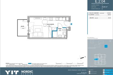 Rzut - Mieszkanie na sprzedaż 1 pokój o powierzchni 25,94 m² - numer E.2.04 w Nordic Bemowo - etap IV