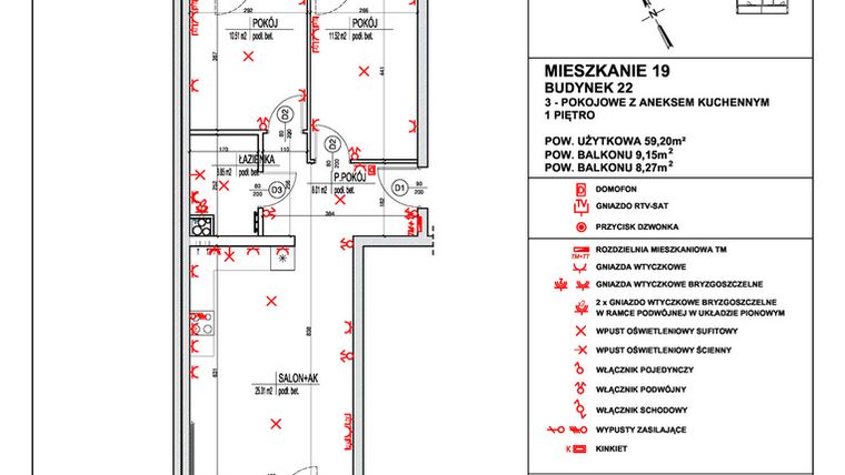 Rzut - Mieszkanie na sprzedaż 3 pokoje o powierzchni 59,2 m² - numer 19 w Osiedle 4 Pory Roku - Etap VIII
