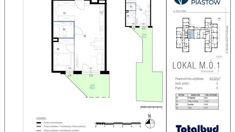Rzut - Mieszkanie na sprzedaż 2 pokoje o powierzchni 44,02 m² - numer M.0.1 w Viva Piastów
