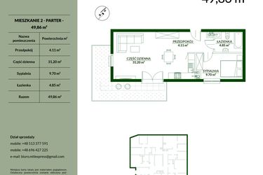 Rzut - Mieszkanie na sprzedaż 2 pokoje o powierzchni 49,86 m² - numer 2 w Bukowa etap II