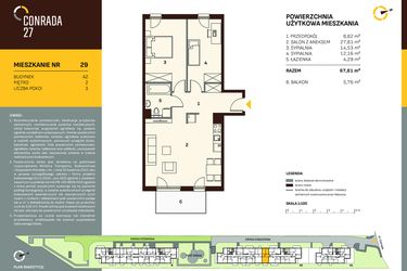 Rzut - Mieszkanie na sprzedaż 3 pokoje o powierzchni 67,61 m² - numer A2.29 w Conrada 27