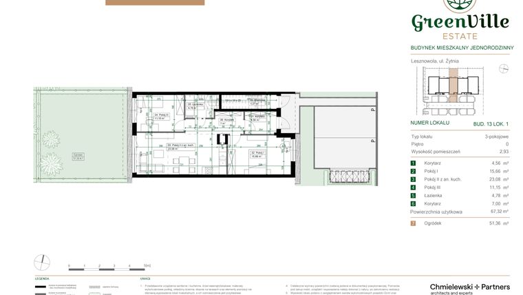 Rzut - Mieszkanie na sprzedaż 3 pokoje o powierzchni 67,32 m² - numer 13.1 w Green Ville