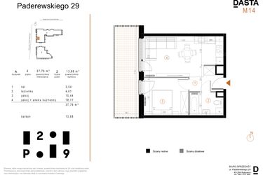 Rzut - Mieszkanie na sprzedaż 2 pokoje o powierzchni 37,76 m² - numer A14 w Paderewskiego 29