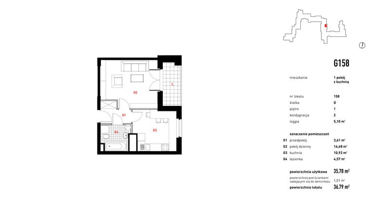 Rzut - Mieszkanie na sprzedaż 1 pokój o powierzchni 36,79 m² - numer G-158 w Zakątek Cybisa