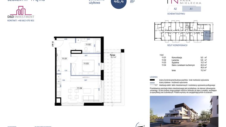 Rzut - Mieszkanie na sprzedaż 2 pokoje o powierzchni 46,4 m² - numer A1-11 w Park Mielecka
