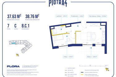 Rzut - Mieszkanie na sprzedaż 2 pokoje o powierzchni 37,63 m² - numer 8C1 w Piotra 4