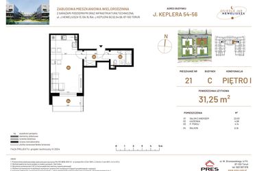 Rzut - Mieszkanie na sprzedaż 1 pokój o powierzchni 31,25 m² - numer JAR-III-C-LM-M21 w Osiedle JAR Heweliusza etap III