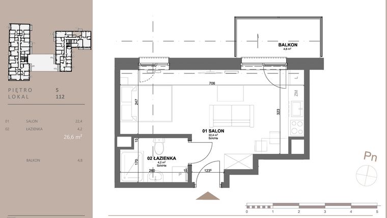 Rzut - Mieszkanie na sprzedaż 1 pokój o powierzchni 26,58 m² - numer 112 w BETWEEN