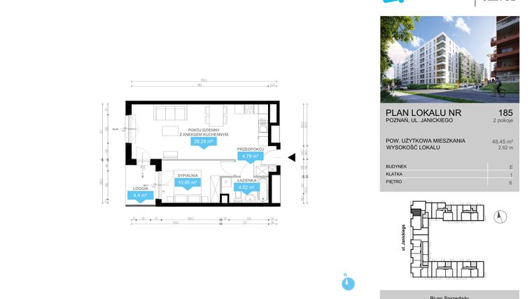 Rzut - Mieszkanie na sprzedaż 2 pokoje o powierzchni 48,45 m² - numer CDEF.185 w Wieża Jeżyce etap II