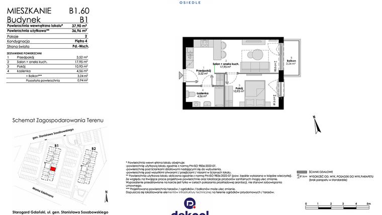 Rzut - Mieszkanie na sprzedaż 2 pokoje o powierzchni 36,96 m² - numer B1.60 w Osiedle Chabrowe