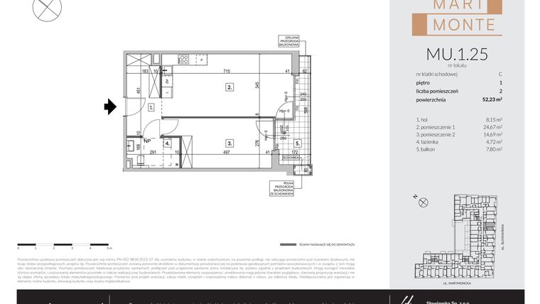 Rzut - Mieszkanie na sprzedaż 2 pokoje o powierzchni 52,23 m² - numer MU.1.25 w Marimonte - apartamenty inwestycyjne