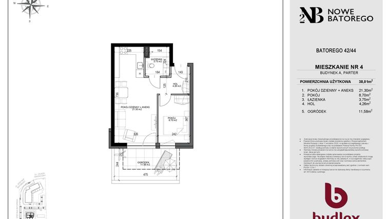 Rzut - Mieszkanie na sprzedaż 2 pokoje o powierzchni 38,01 m² - numer A4 w Nowe Batorego 2