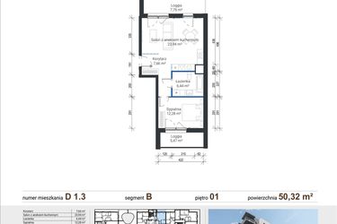Rzut - Mieszkanie na sprzedaż 2 pokoje o powierzchni 50,32 m² - numer D 1.3 w Nowe Zabłocie