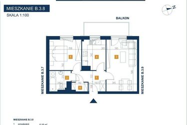 Rzut - Mieszkanie na sprzedaż 2 pokoje o powierzchni 53,55 m² - numer B.3.8 w EcoVista