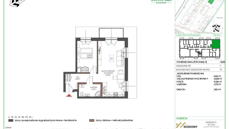 Rzut - Mieszkanie na sprzedaż 2 pokoje o powierzchni 46,93 m² - numer 11 w Osiedle Polna bud. 5