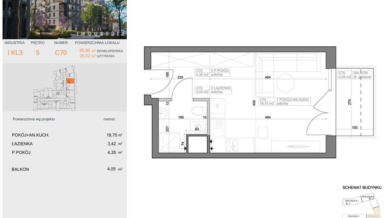 Rzut - Mieszkanie na sprzedaż 1 pokój o powierzchni 26,52 m² - numer I-C70 w Industria etap I-D oraz I-C