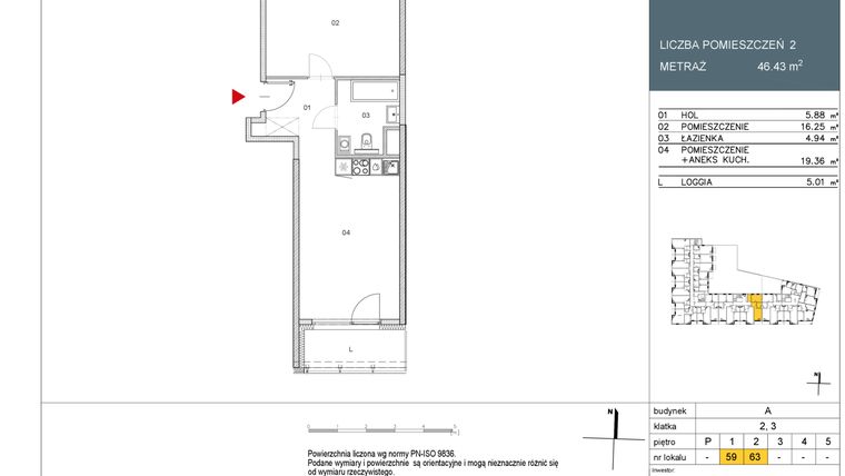Rzut - Mieszkanie na sprzedaż 2 pokoje o powierzchni 46,43 m² - numer L59 w Morwowa 5 - Apartamenty inwestycyjne