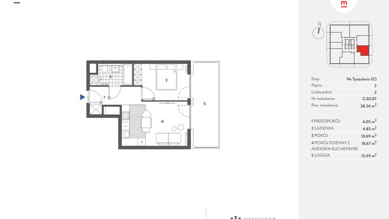 Rzut - Mieszkanie na sprzedaż 2 pokoje o powierzchni 38,16 m² - numer C.02.07 w Mieszkaj w mieście - Na Tysiącleciu budynek C