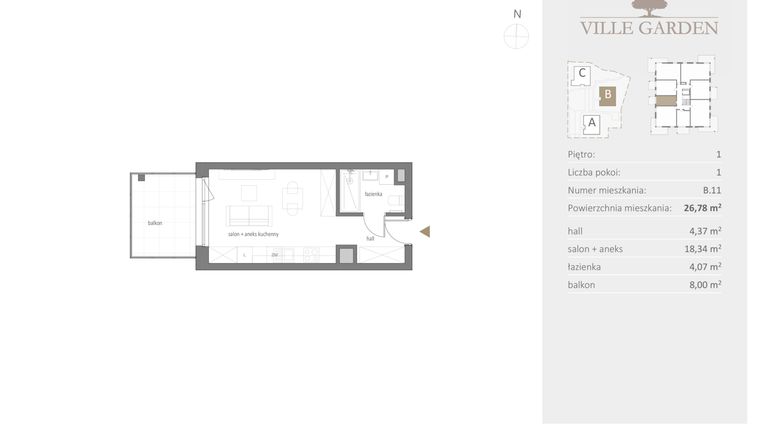 Rzut - Mieszkanie na sprzedaż 1 pokój o powierzchni 26,78 m² - numer B.11 w Ville Garden