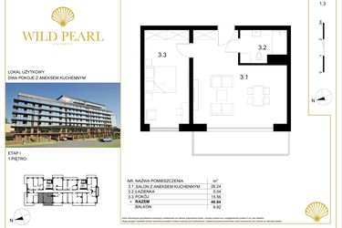 Rzut - Mieszkanie na sprzedaż 2 pokoje o powierzchni 46,84 m² - numer 1.3 w Wild Pearl