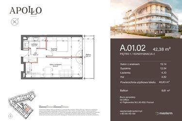 Rzut - Mieszkanie na sprzedaż 2 pokoje o powierzchni 40,31 m² - numer A.1.02 w Apollo Residence