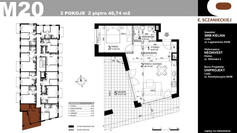 Rzut - Mieszkanie na sprzedaż 2 pokoje o powierzchni 46,74 m² - numer M20 w Sczanieckiej 8