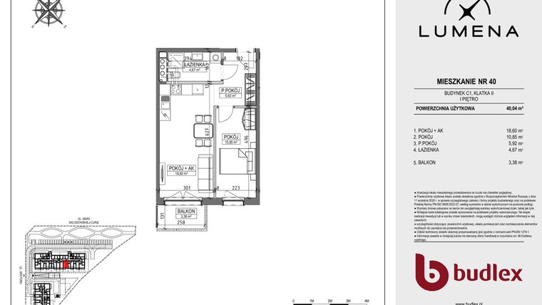 Rzut - Mieszkanie na sprzedaż 2 pokoje o powierzchni 40,04 m² - numer C1.40 w Lumena