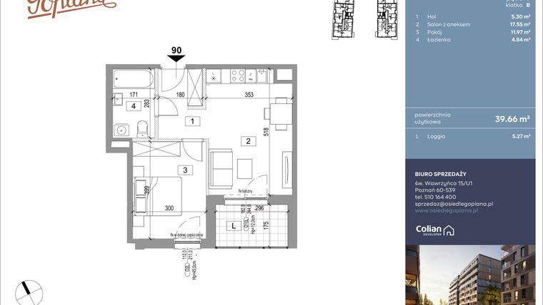 Rzut - Mieszkanie na sprzedaż 2 pokoje o powierzchni 39,85 m² - numer F90 w Goplana budynek F